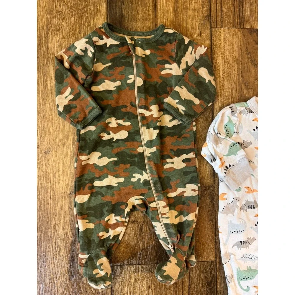 Baby Boy 0/3 Months Footed Sleepers Clothes Camo Dinosaur Outfits Rompers Bundle